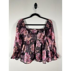 Thirty Thirty LA‎ Top Womens Large Pink Black Floral Babydoll Puff Sleeve